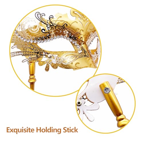 Geek-M Masquerade Mask for Women/Men, Fancy Party Face Mask Venetian Mask for Prom Ball Halloween Mardi Gras (masquerade mask with stick Gold) - Image 3
