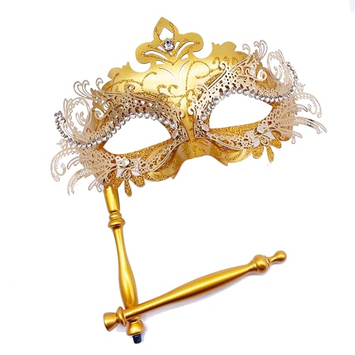 Geek-M Masquerade Mask for Women/Men, Fancy Party Face Mask Venetian Mask for Prom Ball Halloween Mardi Gras (masquerade mask with stick Gold) - Image 2