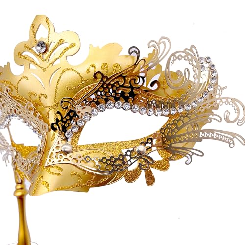 Geek-M Masquerade Mask for Women/Men, Fancy Party Face Mask Venetian Mask for Prom Ball Halloween Mardi Gras (masquerade mask with stick Gold) - Image 5