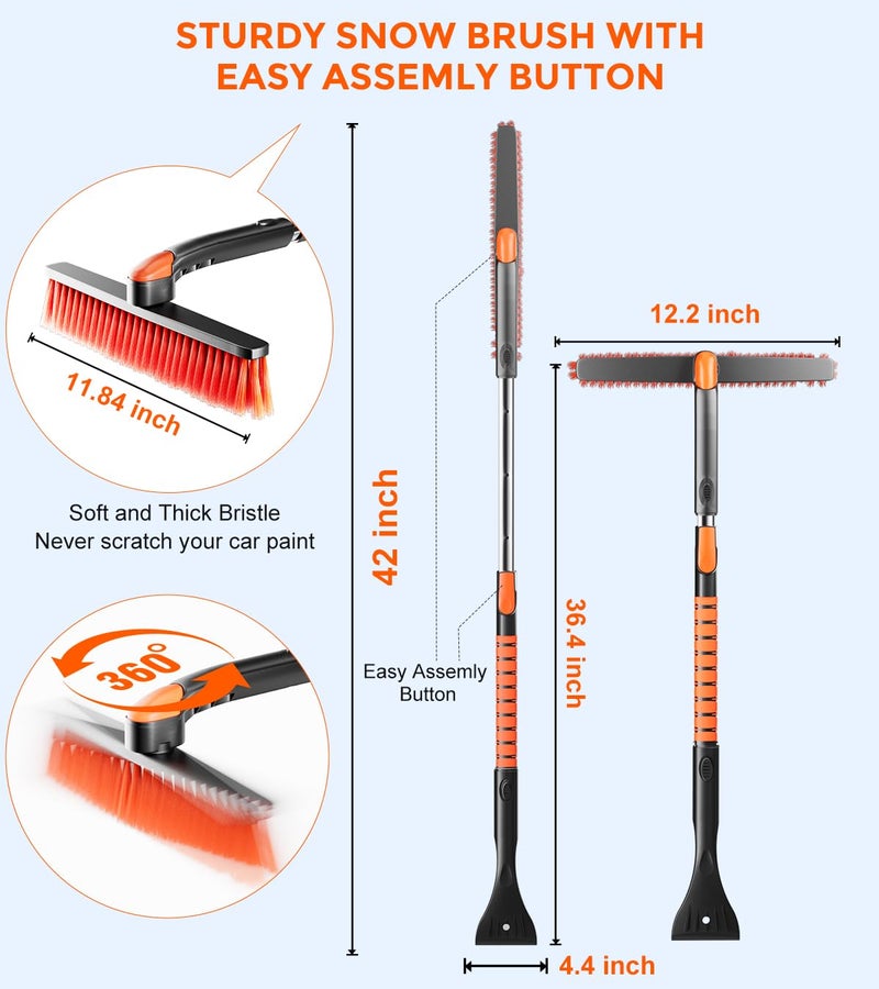 DooGooCoo [Upgrade] Ice Scraper & Extendable Snow Brush for Car Windshield [Military-Grade Sturdy] - 360Â° Pivoting Brush Head with Silicone Grip for Effortless One-Swipe Clean on Auto (Large) - Image 2