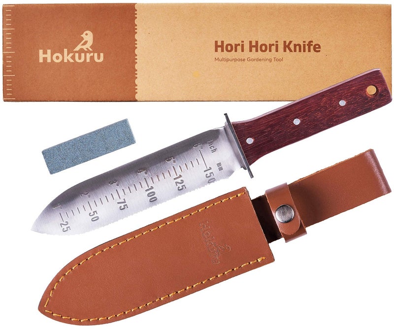 HOKURU Hori Hori Knife Landscaping Digging Weeding Cutting Planting Gardening Tool With Leather Sheath Stainless Steel Blade and Sharpening Stone