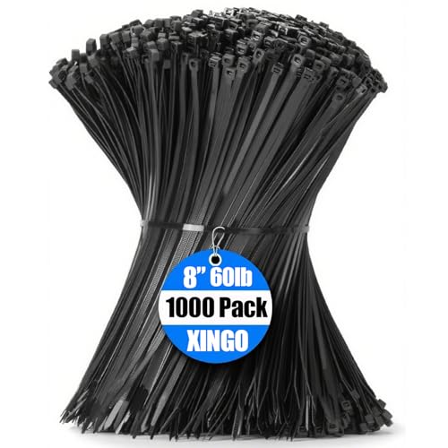 XINGO 1000 PCS Black Zip Ties 8 Inch, 60 LBS Tensile Strength, Self-Locking Nylon Plastic Nylon PA66 Wire Ties for Indoor and Outdoor Use - Image 1