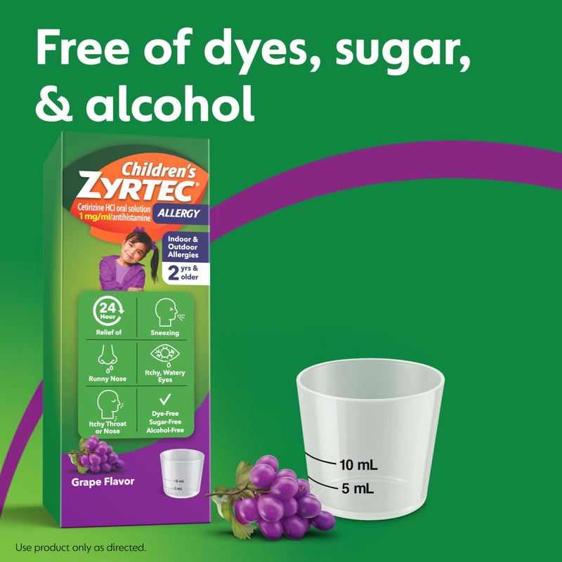 ZYRTEC Children's Zyrtec 24 Hour Allergy Relief Syrup, 5 mg Cetirizine Hydrochloride Antihistamine, Kids Allergy Medicine for Indoor & Outdoor Allergy Relief, Dye- & Sugar-Free, Grape, 4 fl. oz - Image 3