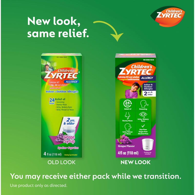 ZYRTEC Children's Zyrtec 24 Hour Allergy Relief Syrup, 5 mg Cetirizine Hydrochloride Antihistamine, Kids Allergy Medicine for Indoor & Outdoor Allergy Relief, Dye- & Sugar-Free, Grape, 4 fl. oz - Image 2