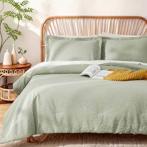 Geniospin King Comforter Set - 7 Pieces Textured Sage Green Bedding Sets, Shabby Chic Comforter Set, All Season Comfortable Bed in a Bag with Comforter, Sheets, Pillowcases & Shams - Image 1