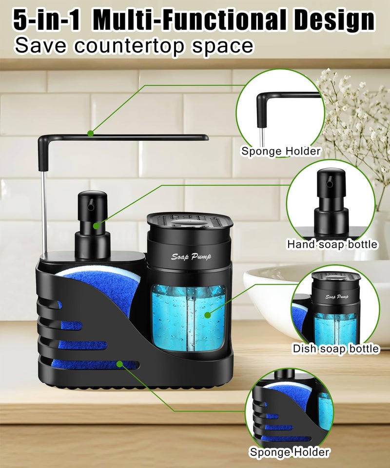 Eavida Kitchen Soap Dispenser Set, 4-in-1 Dual Hand and Dish Soap Dispenser with Sponge Holder and Dishcloth Holder for Kitchen Sink (Black) - Image 5