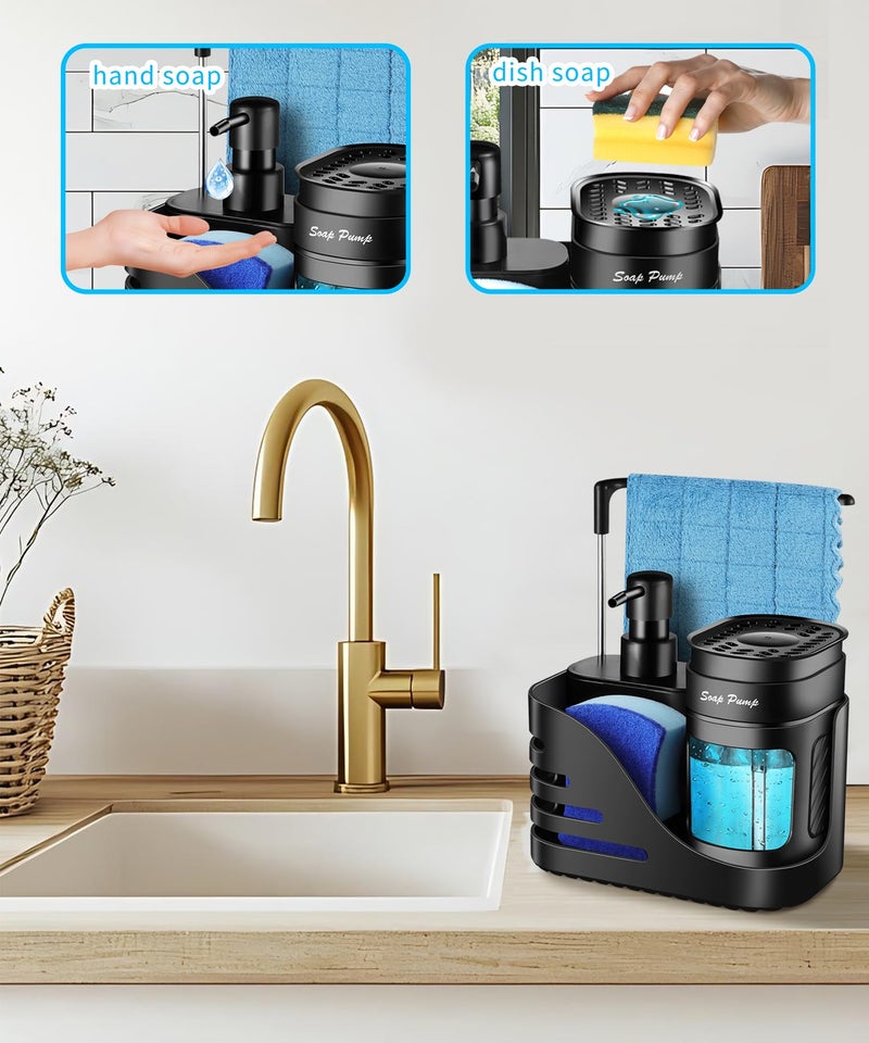 Eavida Kitchen Soap Dispenser Set, 4-in-1 Dual Hand and Dish Soap Dispenser with Sponge Holder and Dishcloth Holder for Kitchen Sink (Black) - Image 2