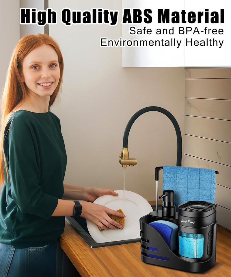 Eavida Kitchen Soap Dispenser Set, 4-in-1 Dual Hand and Dish Soap Dispenser with Sponge Holder and Dishcloth Holder for Kitchen Sink (Black) - Image 3