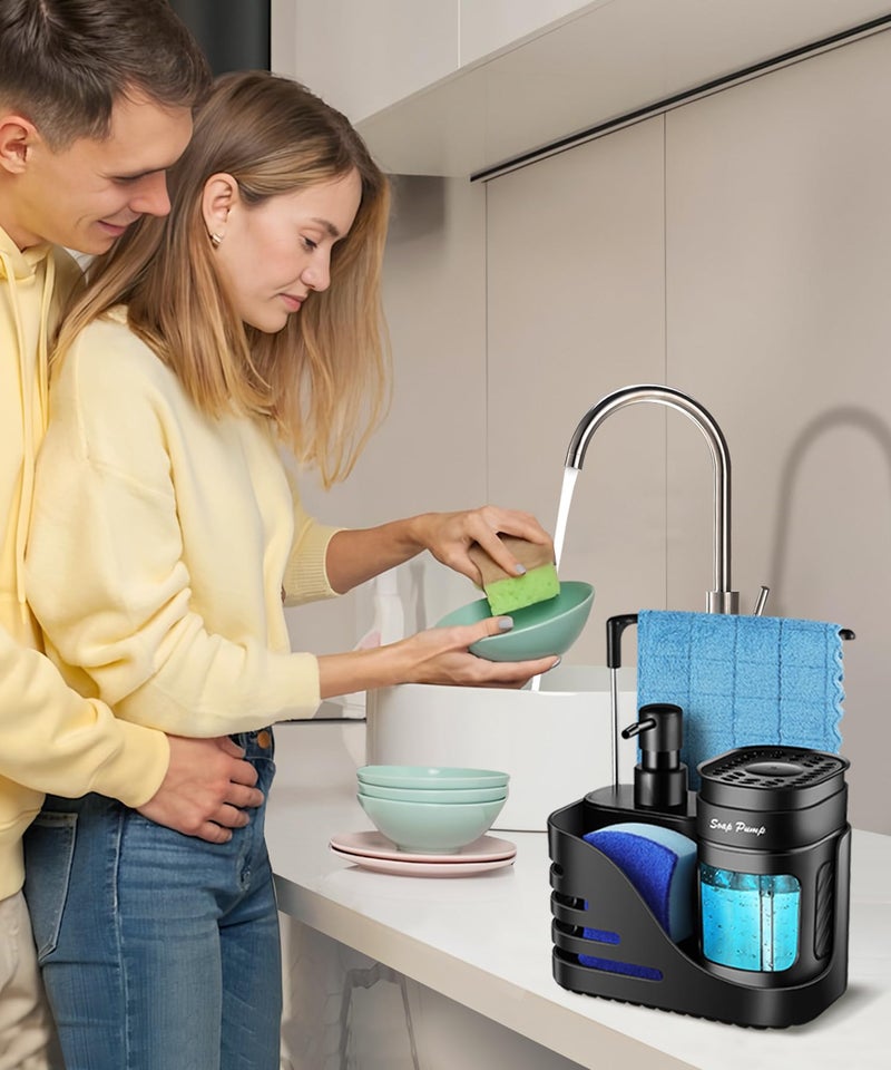 Eavida Kitchen Soap Dispenser Set, 4-in-1 Dual Hand and Dish Soap Dispenser with Sponge Holder and Dishcloth Holder for Kitchen Sink (Black) - Image 4