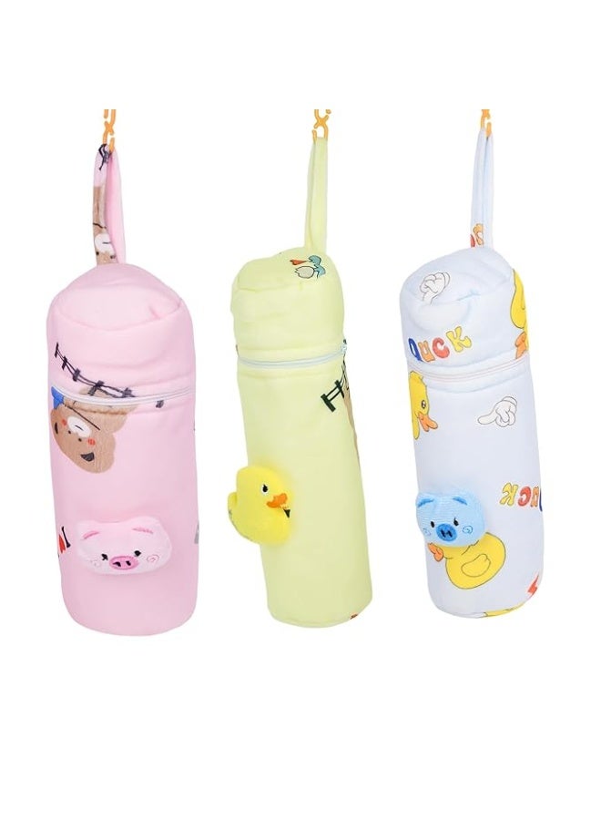THE LITTLE LOOKERS Soft Plush Stretchable Baby Feeding Bottle Cover with Easy to Hold Strap | Cute Animated Overall Print Pack of 3 (Multicolor, Zip Closure 240ml)