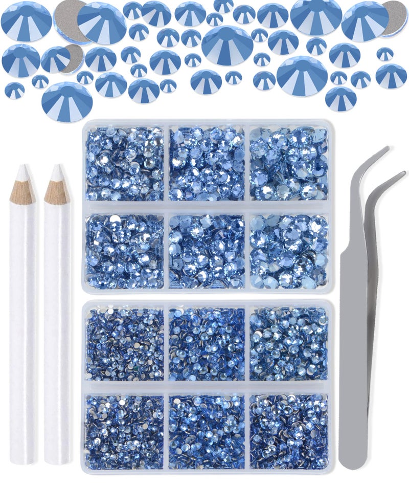 LPBeads 6000 Pieces Lt Sapphire Non Hotfix Rhinestones 6 Sizes Round Crystal Glass Flat Back Rhinestones with Tweezers and Picking Pen for Nail Art Crafts Clothes Bags DIY
