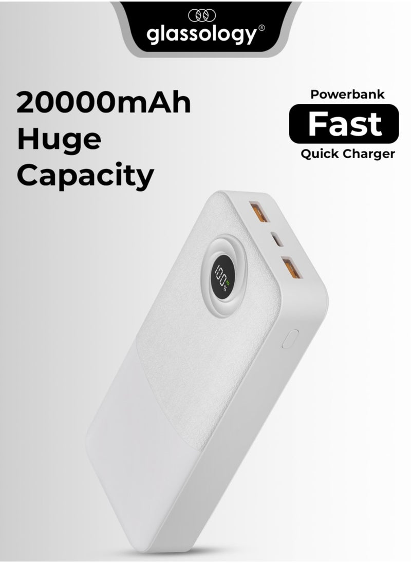 glassology 20000mAh Power Bank, PD 22.5W Fast Charging, Polymer Battery, 2 USB Output Ports, Digital Display Power, Strong LCD Light, Compatible with iPhone, Samsung Galaxy, Apple Watch, AirPods, iPad (White)  - Image 1