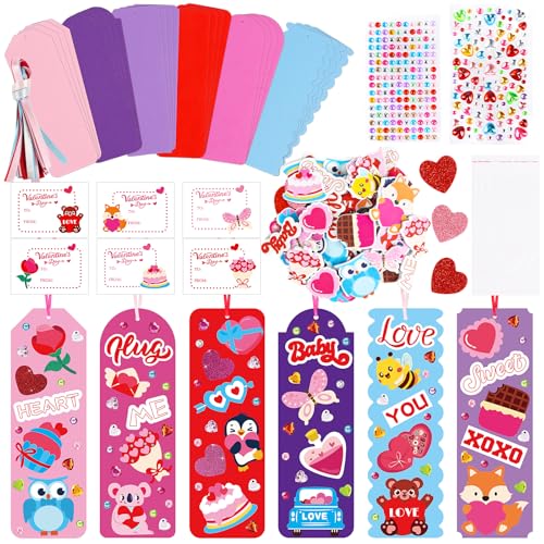 LOAVER 24 Sets Valentines Day Bookmark Craft Kit,DIY Foam Book Mark with Stickers Rhinestones for Valentines Day Presents Gift Exchange Party Craft Supplies - Image 1
