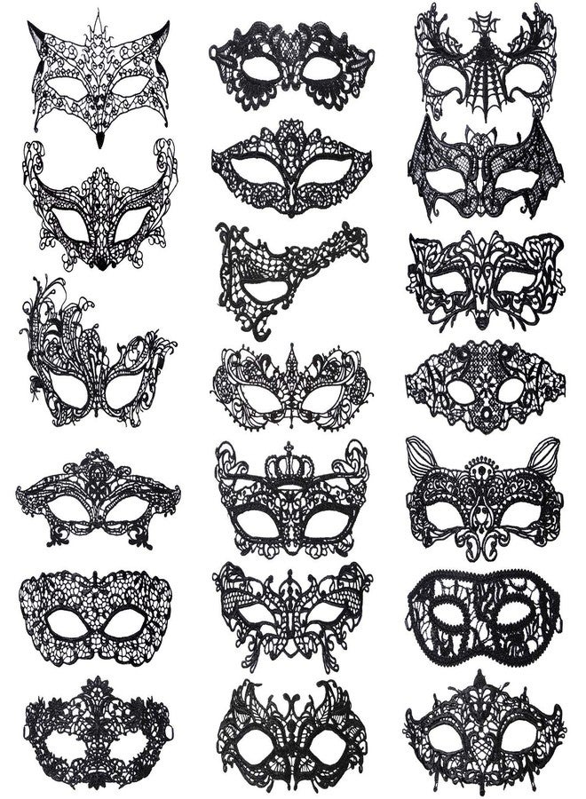 Xloey 20 Pieces Lace Mask Masquerade Venetian Eyemask Halloween Sexy Woman Lace Mask for Halloween Masquerade Carnival Party Costume Ball, Black - Image 1