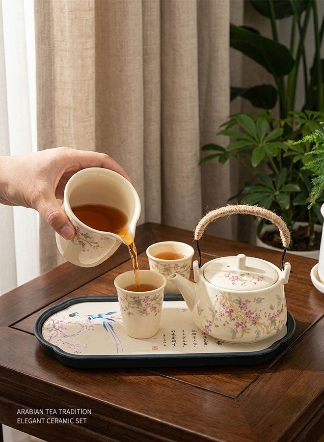 وايينيي طقم شاي سيراميك فاخر 5 قطع - إبريق شاي بتصميم زهور كلاسيكي ومقبض منسوج مقاوم للحرارة مع 4 أكواب، طقم هدايا أنيق للضيافة العربية وديكور المنزل - كريمي - Image 5