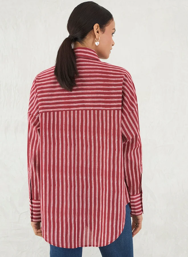 فيميلا Femmella Red Cotton Striped Buttoned Shirt
