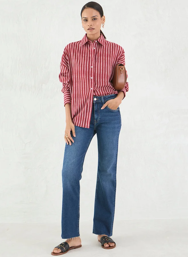 فيميلا Femmella Red Cotton Striped Buttoned Shirt