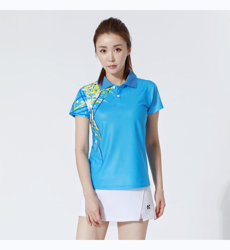 Generic Quick-drying Badminton Suit Mens and Womens Suit Table Tennis Suit Short-sleeved Top Tennis Clothes Volleyball Sports Team Clothes Printed Sky blue Women + white pants