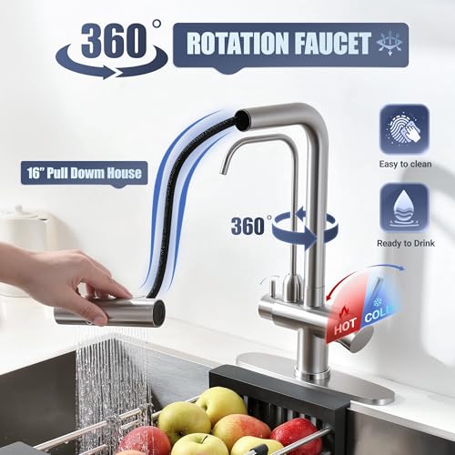 FROPO Waterfall Kitchen Faucet with Water Filter,Upgraded Separate Drinking Water 2 Handle Kitchen Faucet with Pull Down Sprayer, Brushed Nickel 3 in 1 Sink Faucets, Without Water Filtration Device - Image 4