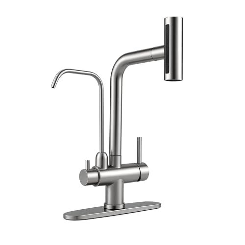 FROPO Waterfall Kitchen Faucet with Water Filter,Upgraded Separate Drinking Water 2 Handle Kitchen Faucet with Pull Down Sprayer, Brushed Nickel 3 in 1 Sink Faucets, Without Water Filtration Device - Image 1