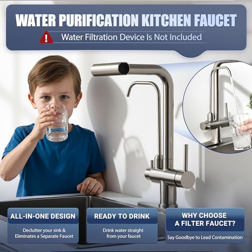 FROPO Waterfall Kitchen Faucet with Water Filter,Upgraded Separate Drinking Water 2 Handle Kitchen Faucet with Pull Down Sprayer, Brushed Nickel 3 in 1 Sink Faucets, Without Water Filtration Device - Image 2