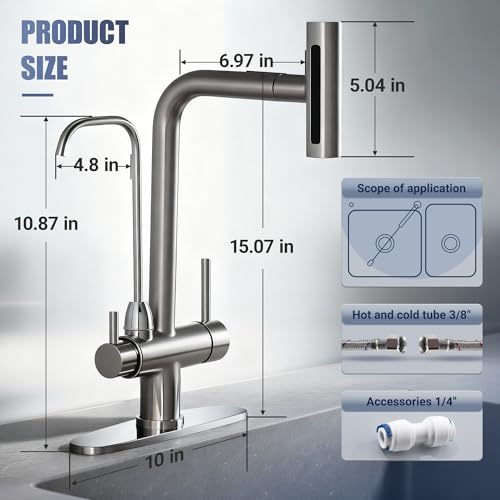 FROPO Waterfall Kitchen Faucet with Water Filter,Upgraded Separate Drinking Water 2 Handle Kitchen Faucet with Pull Down Sprayer, Brushed Nickel 3 in 1 Sink Faucets, Without Water Filtration Device - Image 5