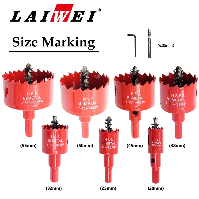 Laiwei Hole Saw Kit - 7PCS Power Drill Tool Set for Wood, PVC, Aluminium, Drywall (20-55mm) - Image 2