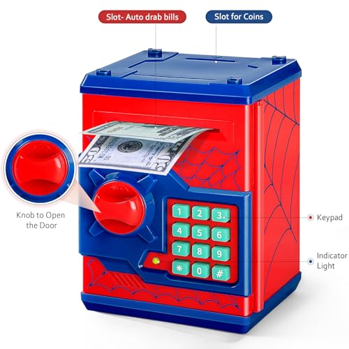 Vcertcpl ATM Piggy Bank for Boys Girls, Vcertcpl Mini ATM Coin Bank Money Saving Box with Password, Kids Safe Money Jar for Adults with Auto Grab Bill Slot, Great Gift Toy Bank for Kids S Red - Image 3