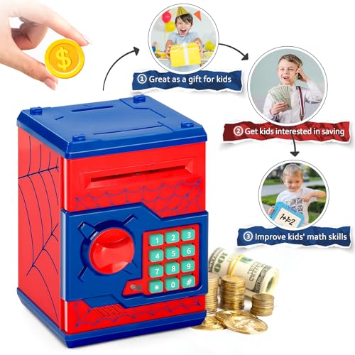 Vcertcpl ATM Piggy Bank for Boys Girls, Vcertcpl Mini ATM Coin Bank Money Saving Box with Password, Kids Safe Money Jar for Adults with Auto Grab Bill Slot, Great Gift Toy Bank for Kids S Red - Image 5