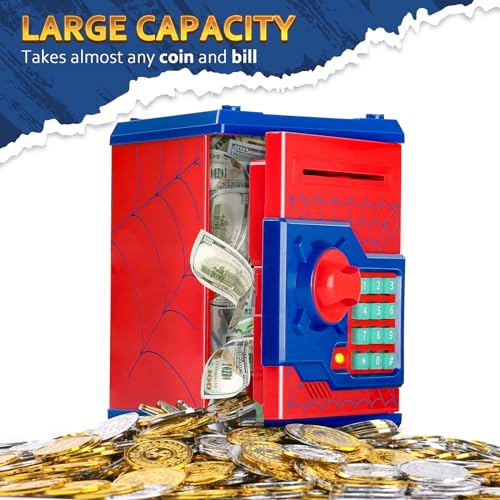 Vcertcpl ATM Piggy Bank for Boys Girls, Vcertcpl Mini ATM Coin Bank Money Saving Box with Password, Kids Safe Money Jar for Adults with Auto Grab Bill Slot, Great Gift Toy Bank for Kids S Red - Image 4