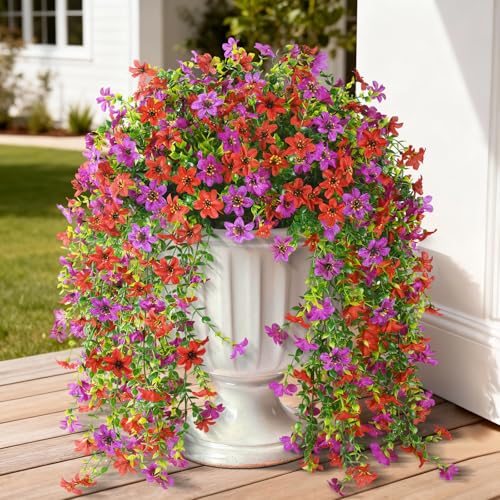 ZFProcess Artificial Hanging Flowers for Outdoors 2 Pcs Fake Hanging Plant Spring Summer Decor UV Resistant No Fade Realistic Faux Flower for Front Door Porch Planter Patio Garden YardRed Purple - Image 1