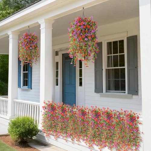 ZFProcess Artificial Hanging Flowers for Outdoors 2 Pcs Fake Hanging Plant Spring Summer Decor UV Resistant No Fade Realistic Faux Flower for Front Door Porch Planter Patio Garden YardRed Purple - Image 3
