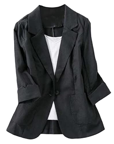 Jofemuho Womens Linen Blazer Casual 3/4 Sleeve Solid Color Business Suit Jacket for Work A Black M - Image 1