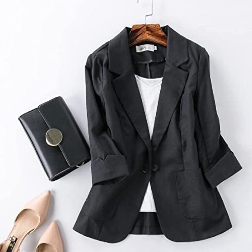 Jofemuho Womens Linen Blazer Casual 3/4 Sleeve Solid Color Business Suit Jacket for Work A Black M - Image 2