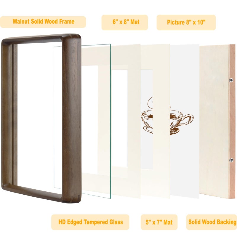 HELPLEX 8x10 Picture Frame Set of 2  Display Picture 6x8 and 5x7 with Mat or 8x10 Without Mat  Made of Natural Walnut Wood  HD Tempered Glass  Vertical or Horizontal Display for Tabletop and Wall - Image 3