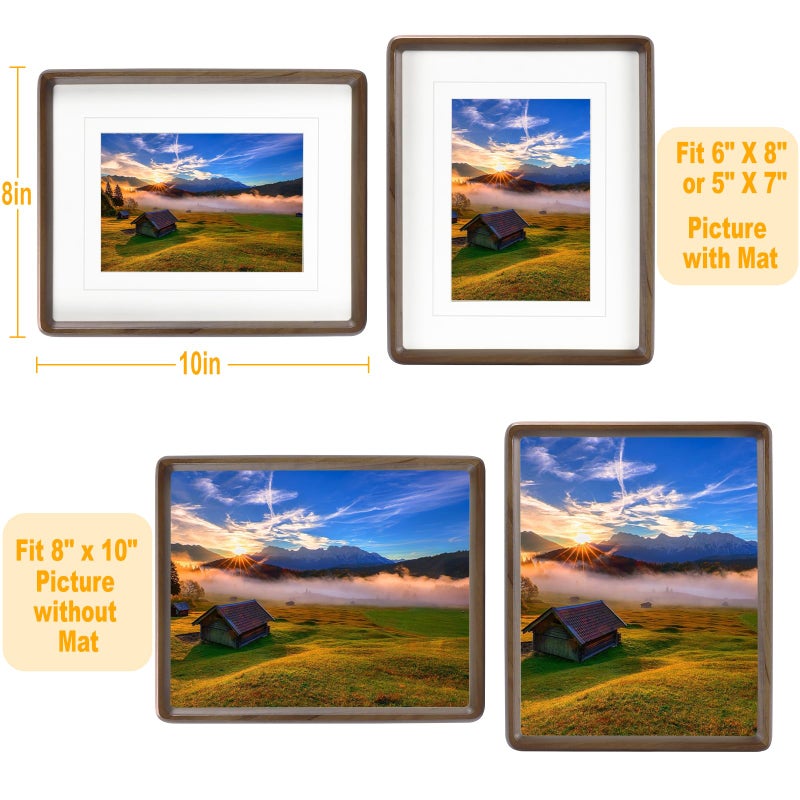 HELPLEX 8x10 Picture Frame Set of 2  Display Picture 6x8 and 5x7 with Mat or 8x10 Without Mat  Made of Natural Walnut Wood  HD Tempered Glass  Vertical or Horizontal Display for Tabletop and Wall - Image 2