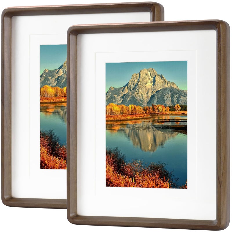 HELPLEX 8x10 Picture Frame Set of 2  Display Picture 6x8 and 5x7 with Mat or 8x10 Without Mat  Made of Natural Walnut Wood  HD Tempered Glass  Vertical or Horizontal Display for Tabletop and Wall - Image 1