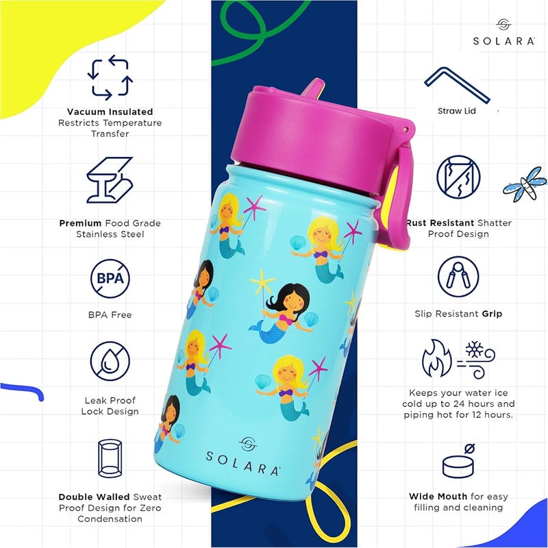 SOLARA Amazi Kids Insulated Water Bottle for Kids 450ml, Kids Water Bottle, Sipper Bottle for Kids, Thermosteel Kids Bottles, Stainless Steel Water Bottles for Kids, Straw Bottle for Kids, Mermaid - Image 2