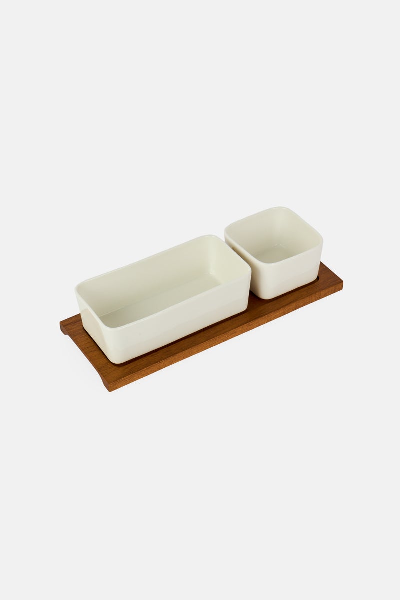 Shallow 2 Pieces Acacia Wood Porcelain Serving Set - Image 2