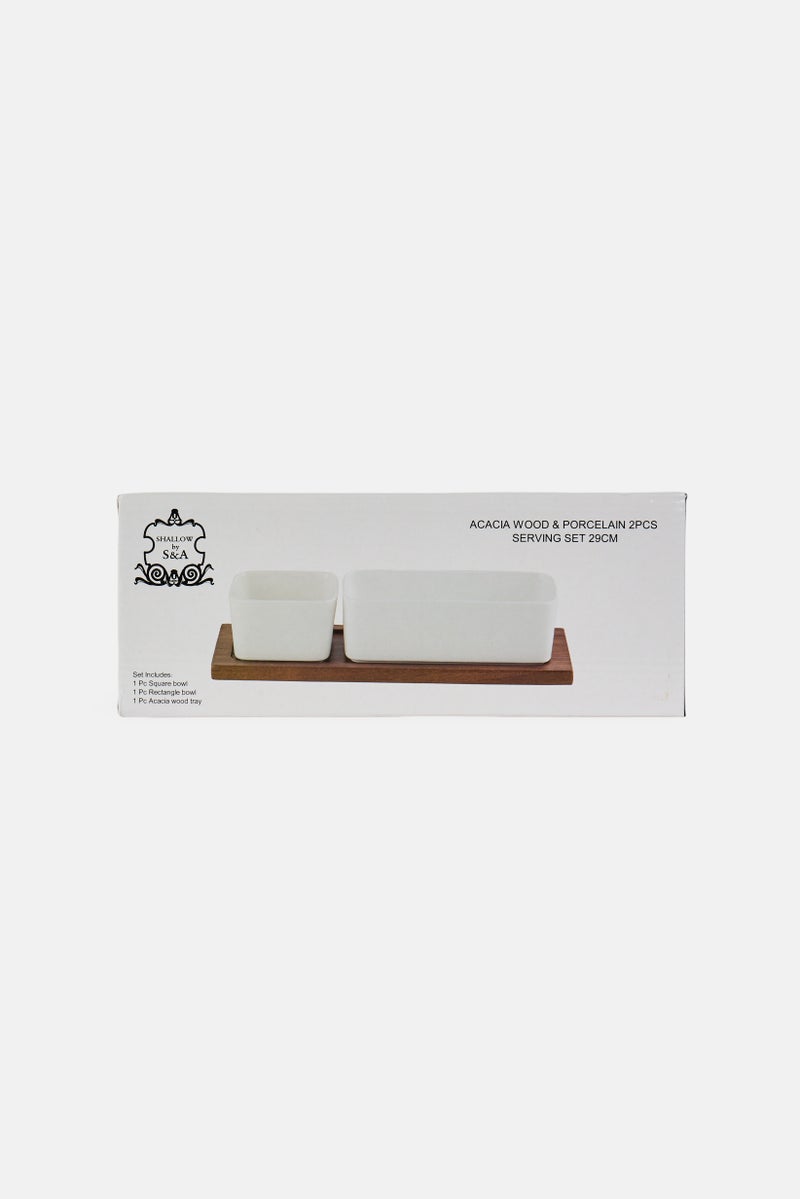 Shallow 2 Pieces Acacia Wood Porcelain Serving Set - Image 1