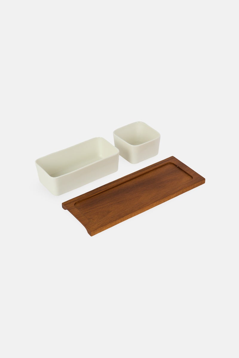 Shallow 2 Pieces Acacia Wood Porcelain Serving Set - Image 3
