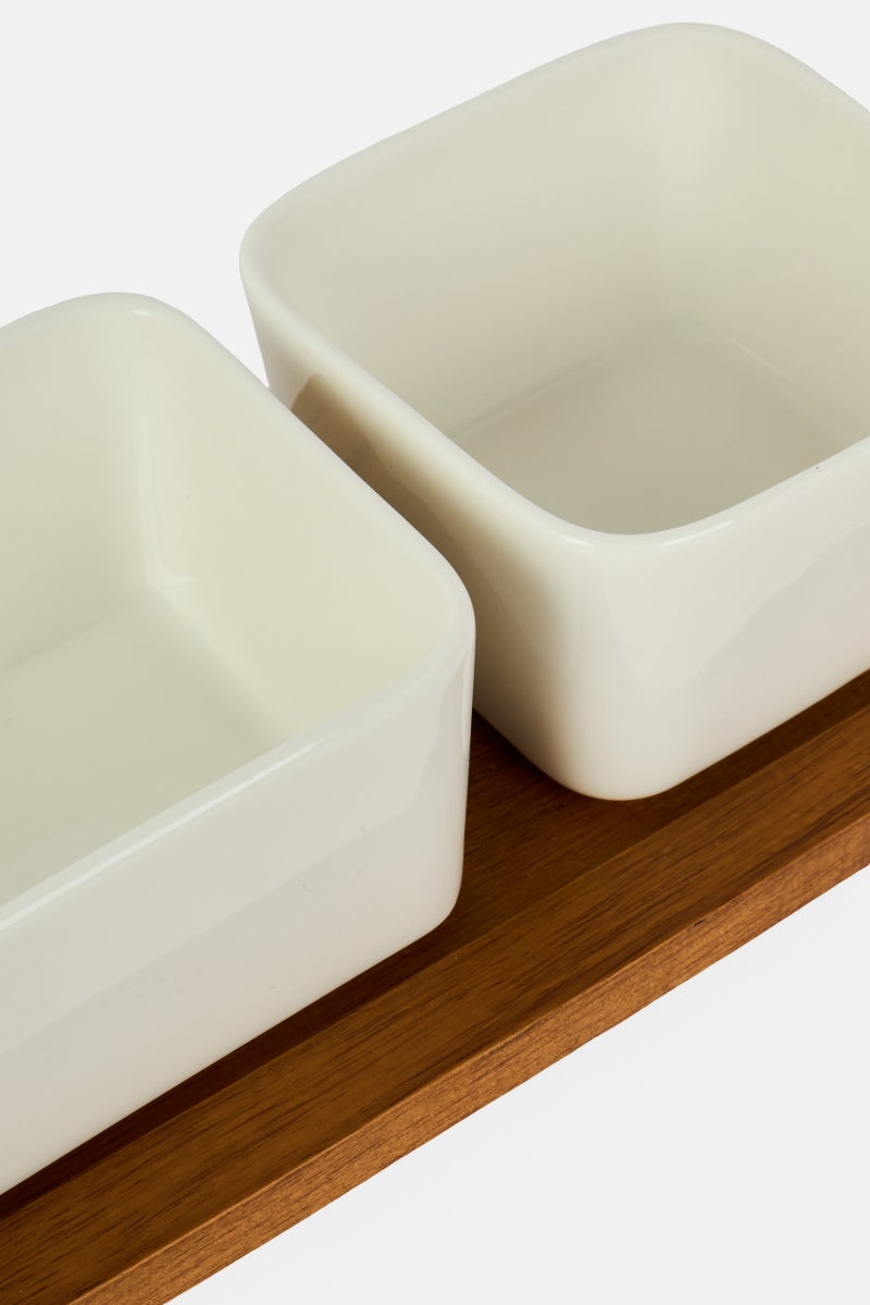 Shallow 2 Pieces Acacia Wood Porcelain Serving Set - Image 4