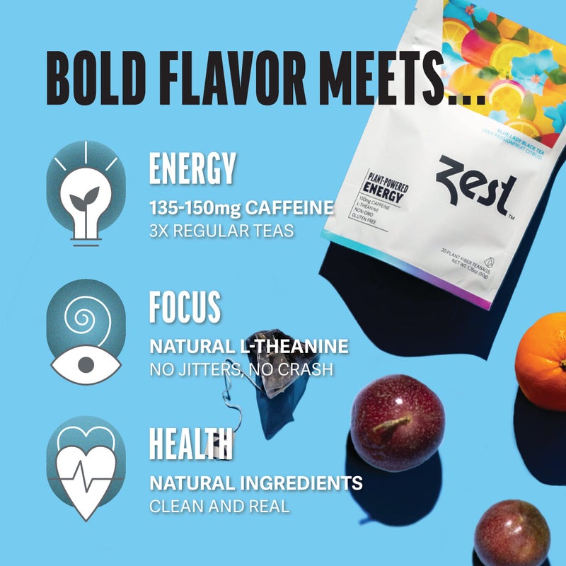 Zest Energy Tea Assortment Box - High Caffeine Tea Bags Sampler with Black & Green Tea - Caffeinated Coffee Alternative for Morning Focus - 80 Tea Bags - 135-150mg Caf per Cup - Natural, Non-GMO, Keto - Image 3