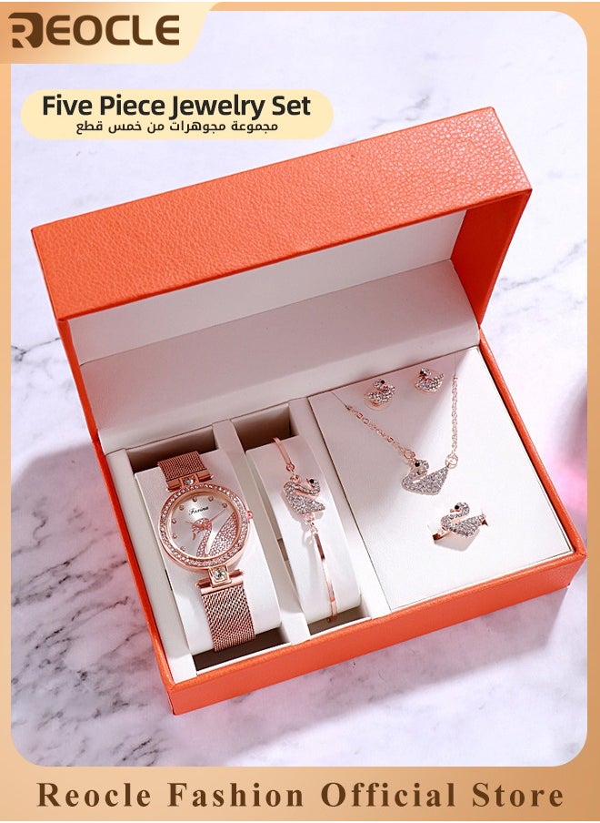 REOCLE - Women's Elegant Watch and Bracelet Set with Watch & Bracelet & Necklace & Ring & Earrings & Bracelet Jewelry Set Dress Wrist Watch for Ladies as Gifts - Image 1