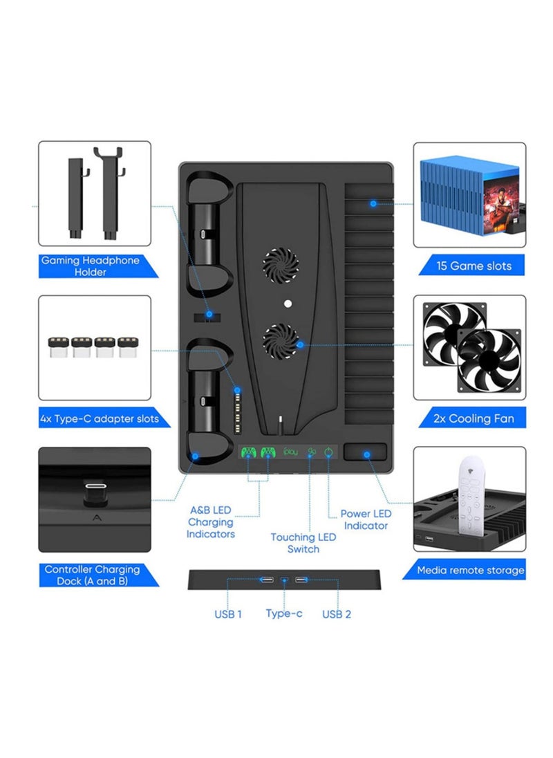 Generic - Compatible with PS5 Vertical Stand with Controller Charging Station Suction Cooling Fan Dual Controller Charger Station PS5 Gaming Accessories for PS5 Console with Headset Holder - Image 1