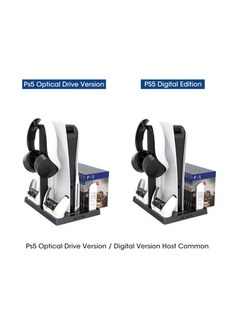 Generic - Compatible with PS5 Vertical Stand with Controller Charging Station Suction Cooling Fan Dual Controller Charger Station PS5 Gaming Accessories for PS5 Console with Headset Holder - Image 1