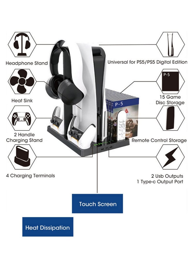 Generic - Compatible with PS5 Vertical Stand with Controller Charging Station Suction Cooling Fan Dual Controller Charger Station PS5 Gaming Accessories for PS5 Console with Headset Holder - Image 1