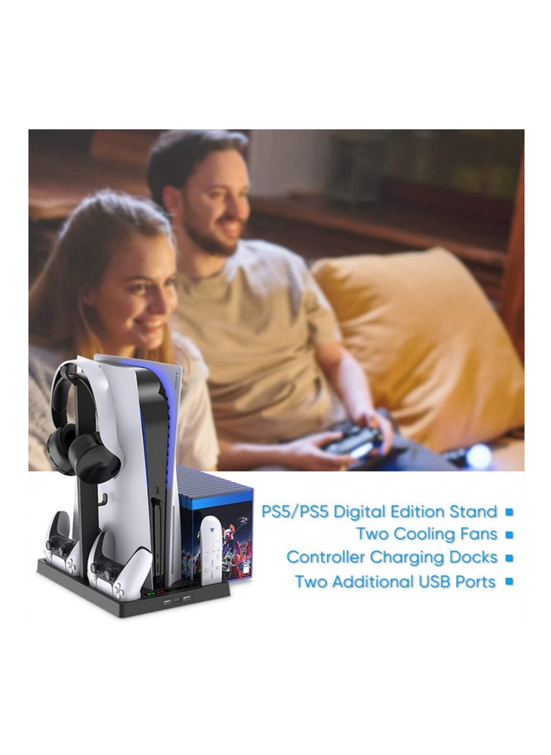Generic - Compatible with PS5 Vertical Stand with Controller Charging Station Suction Cooling Fan Dual Controller Charger Station PS5 Gaming Accessories for PS5 Console with Headset Holder - Image 1