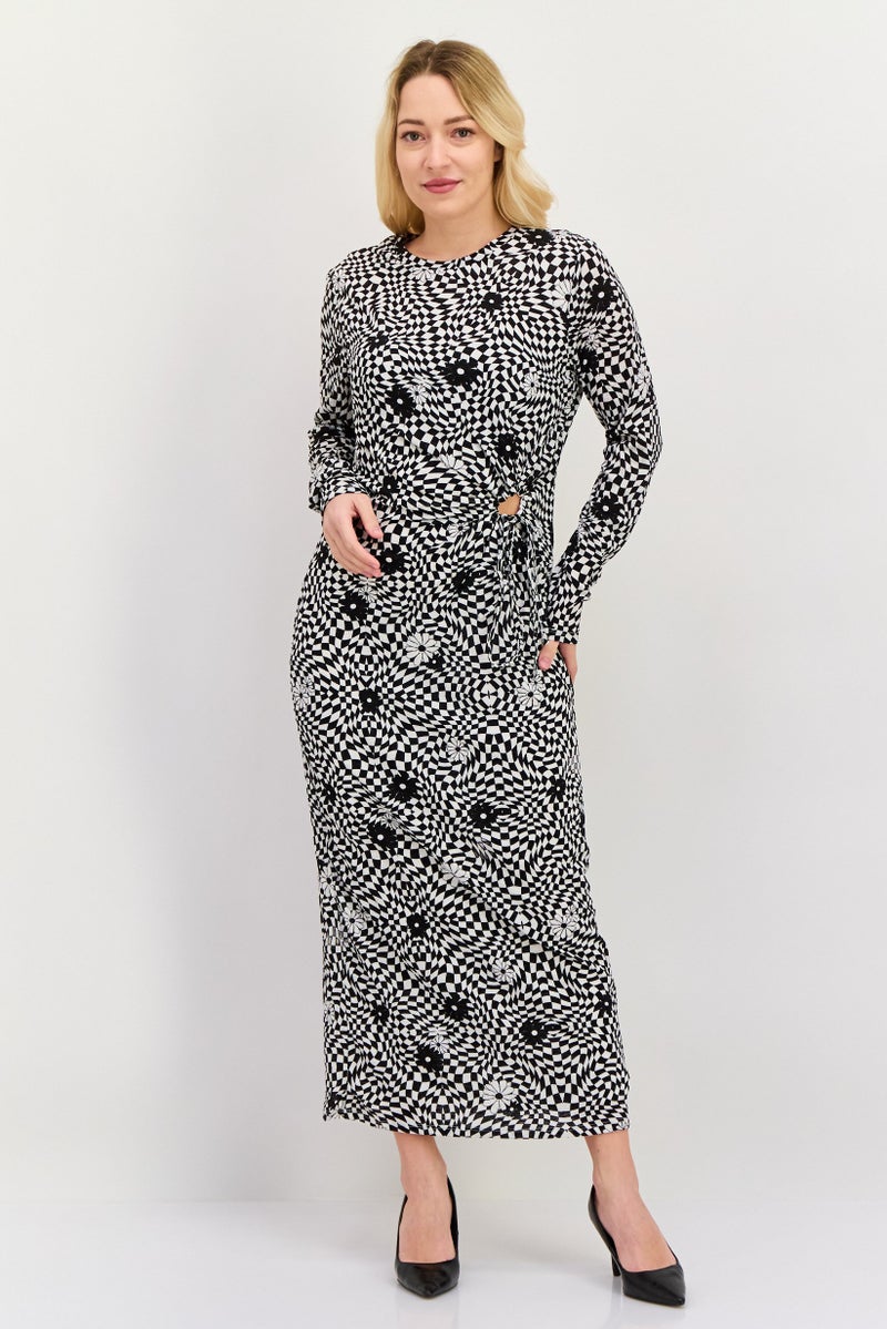 ONLY فستان ميدي نسائي بطبعة تجريدية، أسود - Image 1