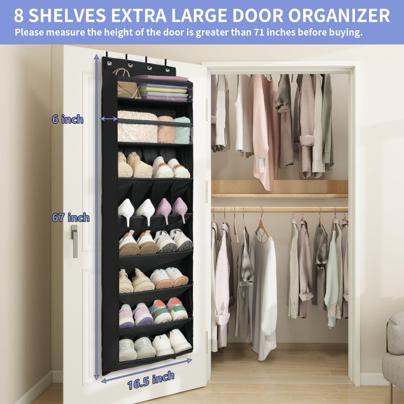 FENTEC 1 Pack 8 Shelves Over The Door Shoe Organizer, 68" Exlarge Deep Pockets Hanging Shoe Organizer, Shoe Rack for Closet, Shoe Holder for Boots,Over Door Organizer in Home, RV, Dorm, Black - Image 2